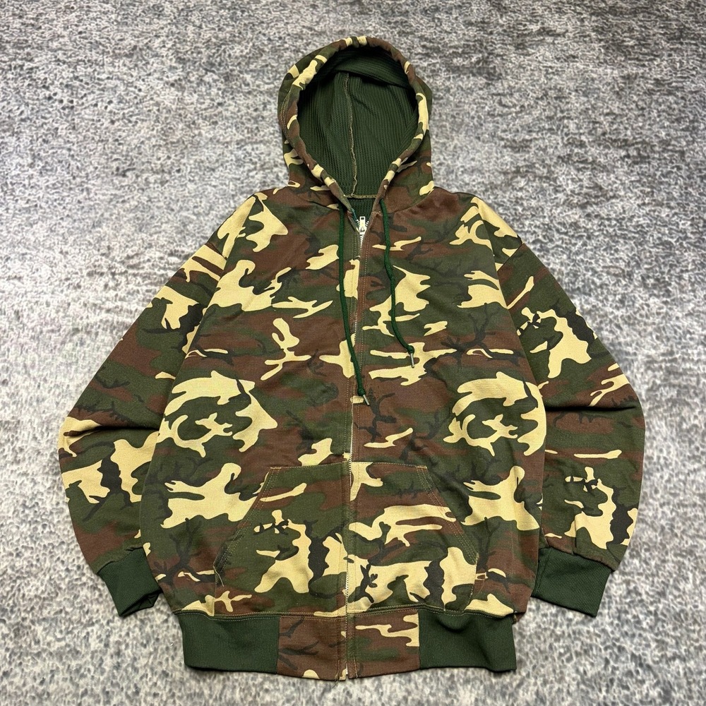 VTG Woodland Camo Zip Up Hoodie Sweatshirt Thermal Lined Mens XL 80s 90s Outdoor